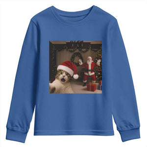 Funny Cat With Santa Selfie Christmas Youth Sweatshirt TS14 Royal Blue Print Your Wear