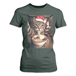 Funny Cat Ramen Selfie With Santa Christmas T Shirt For Women TS14 Dark Forest Green Print Your Wear