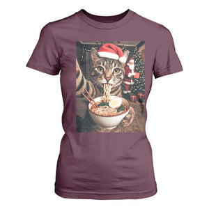 Funny Cat Ramen Selfie With Santa Christmas T Shirt For Women TS14 Maroon Print Your Wear
