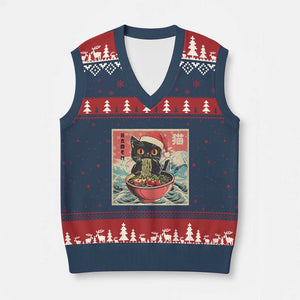 Cat Ramen Xmas V-Neck Knit Sweater Vest Japanese Kawaii Retro Cats Manga TS14 Navy Red Print Your Wear