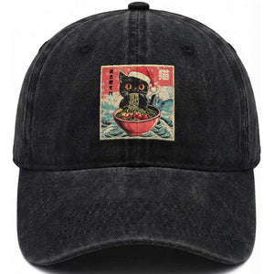 Cat Ramen Christmas Washed Cotton Baseball Cap Japanese Kawaii Retro Cats Manga TS14 Washed Cap Universal Fit Black Print Your Wear
