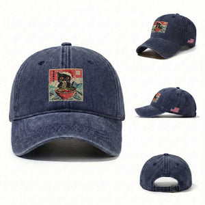 Cat Ramen Christmas Washed Cotton Baseball Cap Japanese Kawaii Retro Cats Manga TS14 Washed Cap Universal Fit Navy Print Your Wear