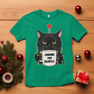 Funny Black Cat Christmas T Shirt Judging You Silently TS14 Irish Green Print Your Wear