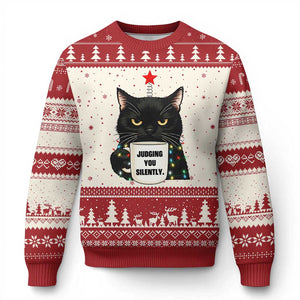 Funny Black Cat Xmas Ugly Christmas Sweater Judging You Silently TS14 Beige Red Print Your Wear