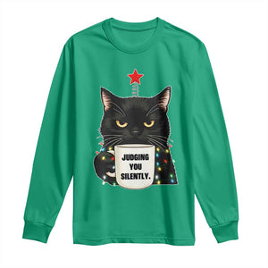 Funny Black Cat Christmas Long Sleeve Shirt Judging You Silently TS14 Irish Green Print Your Wear
