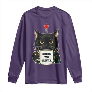 Funny Black Cat Christmas Long Sleeve Shirt Judging You Silently TS14 Purple Print Your Wear