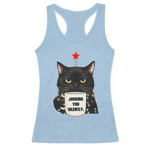 Funny Black Cat Christmas Racerback Tank Top Judging You Silently TS14 Light Blue Print Your Wear