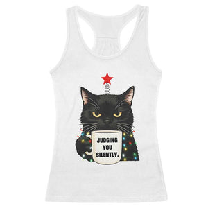 Funny Black Cat Christmas Racerback Tank Top Judging You Silently TS14 White Print Your Wear