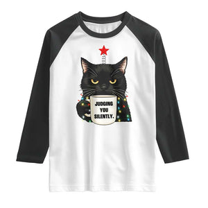 Funny Black Cat Christmas Raglan Shirt Judging You Silently TS14 White Black Print Your Wear