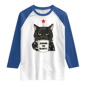 Funny Black Cat Christmas Raglan Shirt Judging You Silently TS14 White Royal Print Your Wear