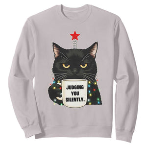 Funny Black Cat Christmas Sweatshirt Judging You Silently TS14 Ice Gray Print Your Wear