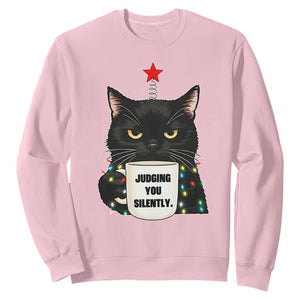Funny Black Cat Christmas Sweatshirt Judging You Silently TS14 Light Pink Print Your Wear