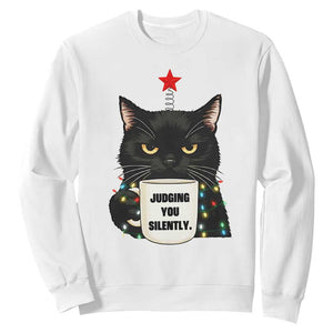 Funny Black Cat Christmas Sweatshirt Judging You Silently TS14 White Print Your Wear