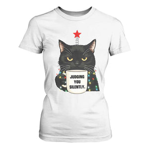 Funny Black Cat Christmas T Shirt For Women Judging You Silently TS14 White Print Your Wear
