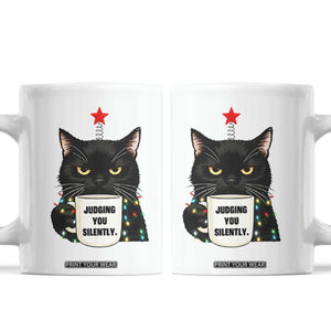 Funny Black Cat Christmas Coffee Mug Judging You Silently TS14 White Print Your Wear