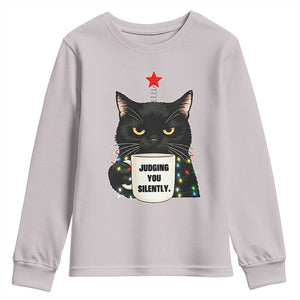 Funny Black Cat Christmas Youth Sweatshirt Judging You Silently TS14 Ice Gray Print Your Wear