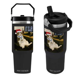 Funny Cat Christmas Flip Straw Tumbler Night Time Security Guard TS14 One Size: 30 oz Black Print Your Wear