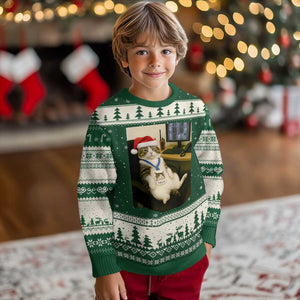 Funny Cat Xmas Ugly Christmas Sweater Night Time Security Guard TS14 Forest Green Beige Print Your Wear