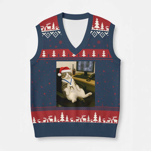 Funny Cat Xmas V-Neck Knit Sweater Vest Night Time Security Guard TS14 Navy Red Print Your Wear