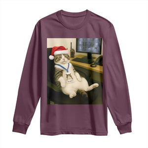 Funny Cat Christmas Long Sleeve Shirt Night Time Security Guard TS14 Maroon Print Your Wear