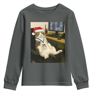 Funny Cat Christmas Youth Sweatshirt Night Time Security Guard TS14 Dark Heather Print Your Wear