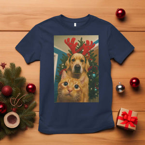 Funny Cat With Dog Selfie Christmas T Shirt Pet Lover Xmas Gift TS14 Navy Print Your Wear