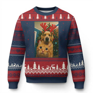 Funny Cat With Dog Selfie Xmas Ugly Christmas Sweater Pet Lover Xmas Gift TS14 Navy Red Print Your Wear