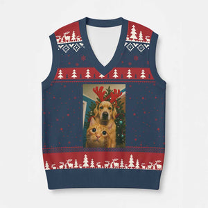 Funny Cat With Dog Selfie Xmas V-Neck Knit Sweater Vest Pet Lover Xmas Gift TS14 Navy Red Print Your Wear