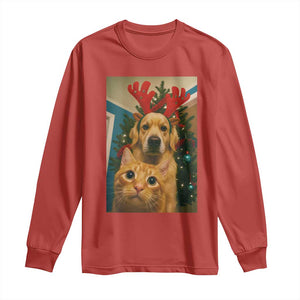 Funny Cat With Dog Selfie Christmas Long Sleeve Shirt Pet Lover Xmas Gift TS14 Red Print Your Wear