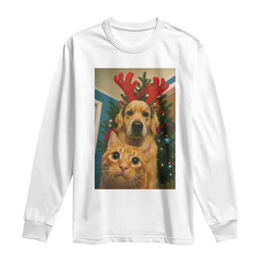 Funny Cat With Dog Selfie Christmas Long Sleeve Shirt Pet Lover Xmas Gift TS14 White Print Your Wear