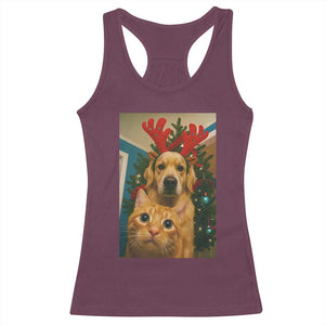 Funny Cat With Dog Selfie Christmas Racerback Tank Top Pet Lover Xmas Gift TS14 Maroon Print Your Wear