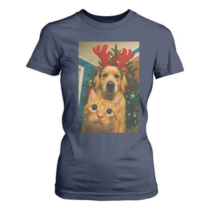 Funny Cat With Dog Selfie Christmas T Shirt For Women Pet Lover Xmas Gift TS14 Navy Print Your Wear