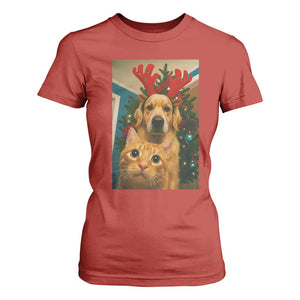 Funny Cat With Dog Selfie Christmas T Shirt For Women Pet Lover Xmas Gift TS14 Red Print Your Wear