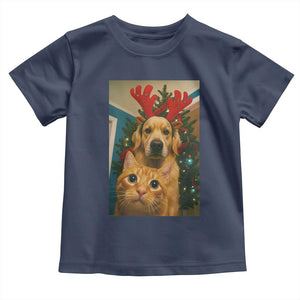 Funny Cat With Dog Selfie Christmas Toddler T Shirt Pet Lover Xmas Gift TS14 Navy Print Your Wear