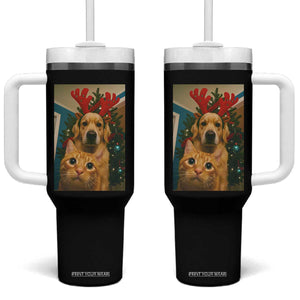 Funny Cat With Dog Selfie Christmas Tumbler With Handle Pet Lover Xmas Gift TS14 One Size: 40 oz Black Print Your Wear