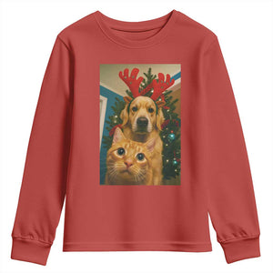 Funny Cat With Dog Selfie Christmas Youth Sweatshirt Pet Lover Xmas Gift TS14 Red Print Your Wear