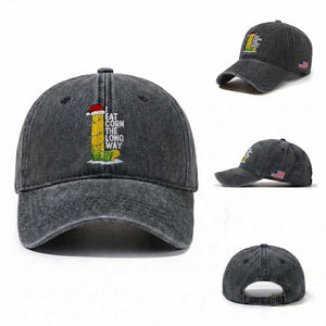 I Eat Corn The Long Way Washed Cotton Baseball Cap Funny Corn Adult Humor Christmas TS14 Washed Cap Universal Fit Dark Gray Print Your Wear