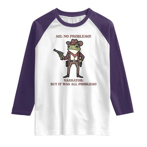 Cowboy Frog Meme Raglan Shirt Funny Me No Problemo Narrator TS14 White Purple Print Your Wear