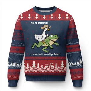 Cowboy Goose Meme Ugly Christmas Sweater Funny Frog Me No Problemo Narrator TS14 Navy Red Print Your Wear