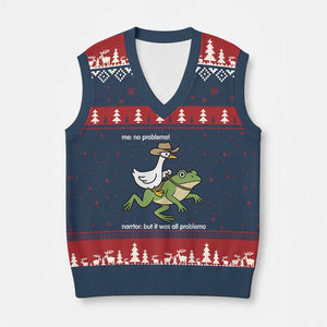 Cowboy Goose Meme V-Neck Knit Sweater Vest Funny Frog Me No Problemo Narrator TS14 Navy Red Print Your Wear
