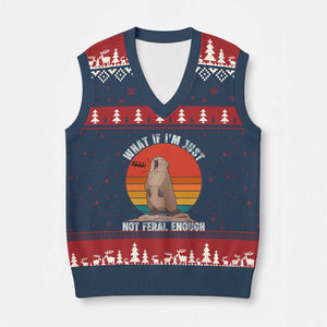 Funny Groundhog Meme V-Neck Knit Sweater Vest What If I Am Just Not Feral Enough TS14 Navy Red Print Your Wear