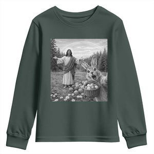 Funny Easter Jesus Youth Sweatshirt Christian Jesus Bunny Selfie Religious TS14 Dark Forest Green Print Your Wear