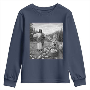 Funny Easter Jesus Youth Sweatshirt Christian Jesus Bunny Selfie Religious TS14 Navy Print Your Wear