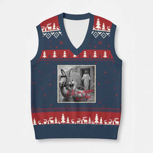 Funny Easter Jesus V-Neck Knit Sweater Vest Christian Jesus Come Back Bunny Selfie TS14 Navy Red Print Your Wear