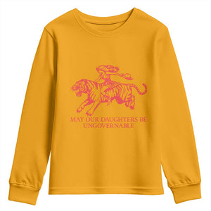 May Our Daughters Be Ungovernable Youth Sweatshirt Vintage Cowgirl Hell Cat Women Empowerment TS14 Gold Print Your Wear