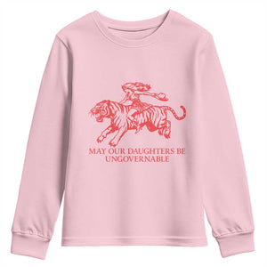 May Our Daughters Be Ungovernable Youth Sweatshirt Vintage Cowgirl Hell Cat Women Empowerment TS14 Light Pink Print Your Wear