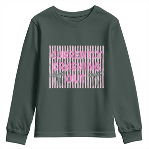 Currently Crashing Out Youth Sweatshirt Coquette Pink Bow Sarcastic Funny Quote TS14 Dark Forest Green Print Your Wear