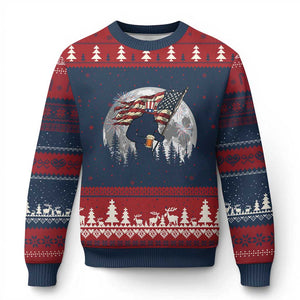 Bigfoot Drinking Beer 4th of July Ugly Christmas Sweater Sasquatch Hiking Moon American Flag TS14 Navy Red Print Your Wear