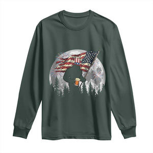Bigfoot Drinking Beer 4th of July Long Sleeve Shirt Sasquatch Hiking Moon American Flag TS14 Dark Forest Green Print Your Wear