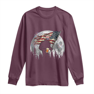 Bigfoot Drinking Beer 4th of July Long Sleeve Shirt Sasquatch Hiking Moon American Flag TS14 Maroon Print Your Wear